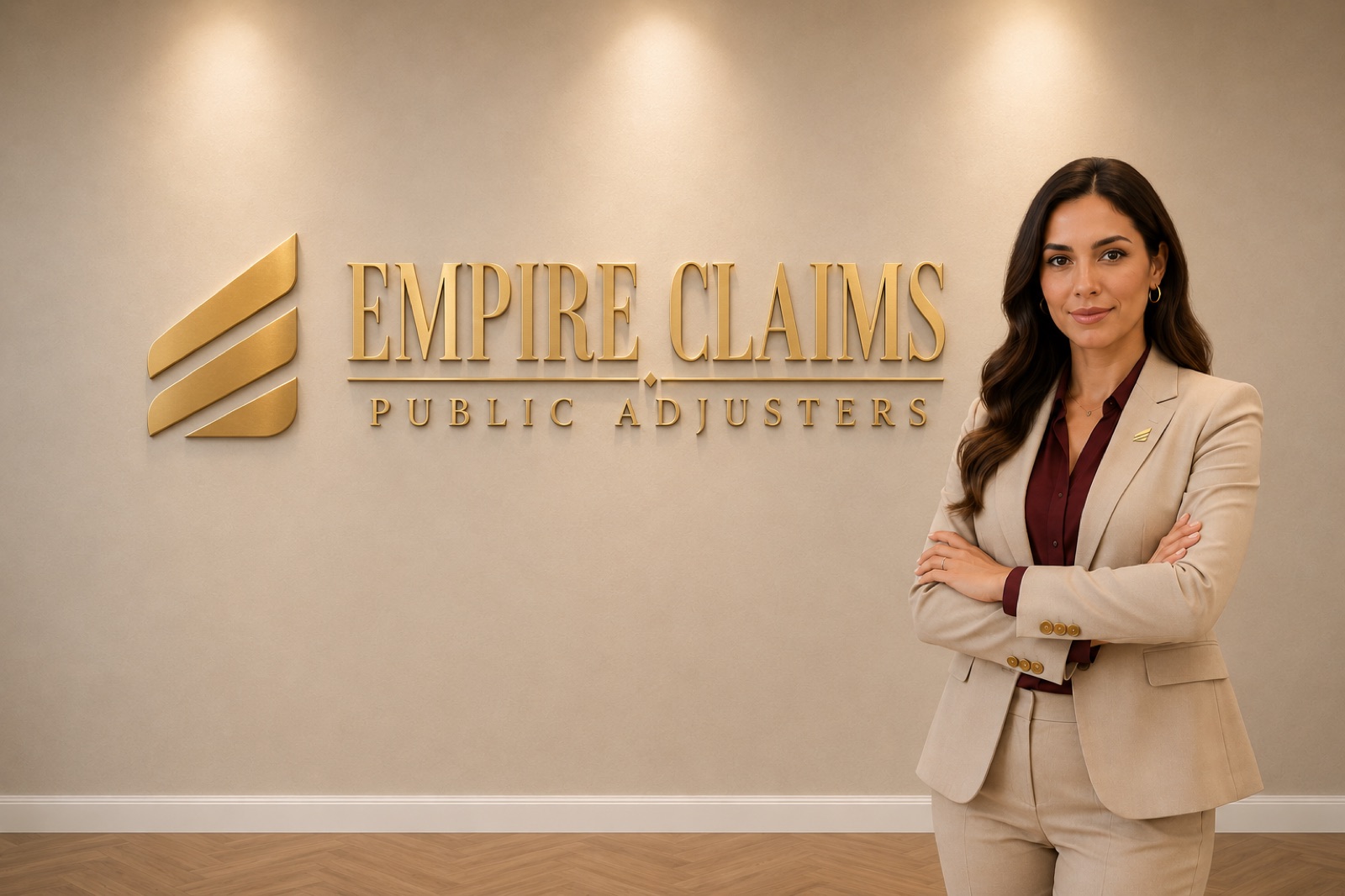 Empire Claims Public Adjusters office sign with team member
